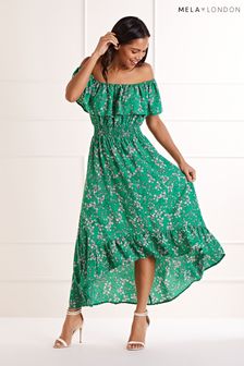 Mela Green Ditsy Print Bardot Dipped Hem Dress (B88779) | kr519