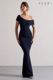 Club L London Navy Blue Avila Asymmetric Bardot Maxi Dress (B88826) | €85