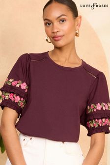 レッド - Love & Roses Embroidered Short Puff Sleeve Jersey T-shirt (B88948) | ￥4,930