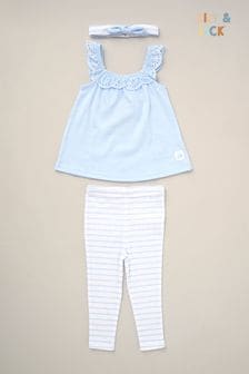 Lily & Jack 3-teiliges Outfit-Set, Top mit Lochstickerei, gestreifte Leggings und Stirnband, Blau (B89262) | 28 €