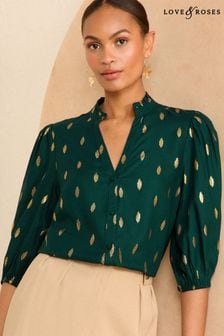 Зеленый металлик - Love & Roses блузка на пуговицах с V-образным вырезом и рукавами 3/4 (B89297) | €46