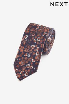 Navy Blue/Rust Orange Floral Slim Pattern Tie (B89298) | kr230