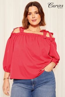 Curves Like These Pink Strappy Bardot Long Sleeve Satin Blouse (B89505) | €46