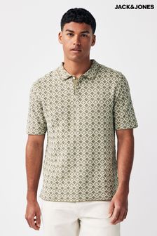 JACK & JONES Green Textured Geo Print Knitted Smart Polo Shirt (B89693) | €51