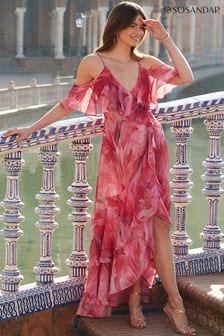 Sosandar Pink Cold Shoulder Rufle Maxi Dress (B89730) | OMR46