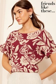 Friends Like These Burgundy Red Floral Short Sleeve Ruffle Cuff T-Shirt (B89793) | $45