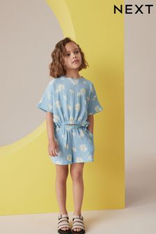 Blue Daisy Textured Tie Side T-Shirt and Short Set (3-16yrs) (B89881) | OMR10 - OMR12