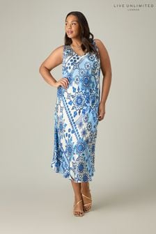 Live Unlimited Curve - Blue Tile Print Bias Slip Dress (B90121) | kr1 810