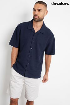 Threadbare Navy Textured Revere Collar 100% Cotton Short Sleeve Shirt (B90149) | 166 SAR