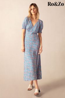 Ro&Zo Blue Ditsy Print Shirred Cuff Midi Dress (B90173) | €131