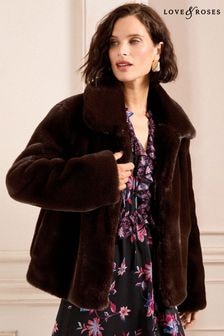 Love & Roses Brown Faux Fur Collared Coat (B90205) | $146