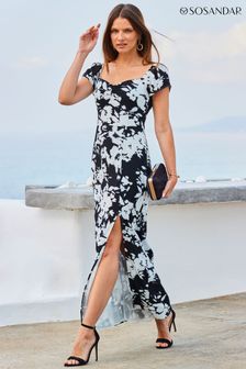 Sosandar White Floral Print Split Detail Maxi Dress (B90299) | AED438