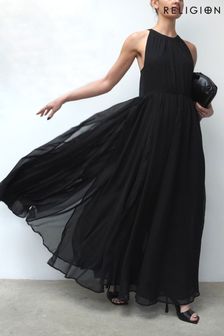 Religion Black Dusk Halter Neck Maxi Dress With Full Skirt (B90925) | 495 QAR