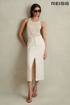 Reiss Ivory Danica High Rise Denim Midi Skirt (B90929) | KRW310,500