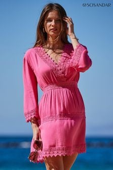 Sosandar Pink Lace Trim Wrap Front Sun Dress (B91312) | AED305