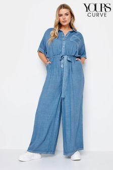 Yours Curve Blue Limited Collection Curve Chambray 100% Cotton Wide Leg Jumpsuit (B91472) | $62