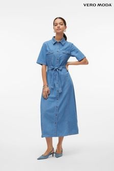 Vero Moda Short Sleeve Denim Midi Dress With Belt (B91567) | €56
