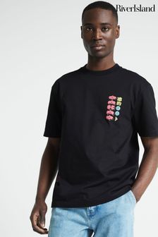 River Island Black Short Sleeve Regular Fit Crane Embroidery T-Shirt (B92188) | KRW53,400