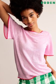 Boden Pink Maggie V-Neck Linen T-Shirt (B92396) | AED416
