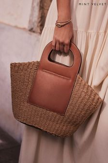 Mint Velvet Brown Leather Woven Basket Bag (B92807) | OMR51