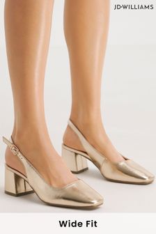 JD Williams Gold Flexi Sole Kitten Heels Slingback Block Heels Shoes In Extra Wide Fit (B93000) | LEI 203