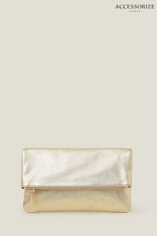 Accessorize Gold Leather Metallic Fold Over Clutch