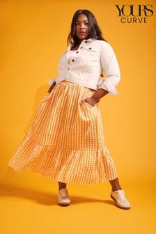 Yours Curve Gingham Tiered Pure Cotton Midi Skirt