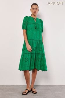 Apricot Green Cotton Broderie Tiered Midi Dress (B93275) | KRW96,100