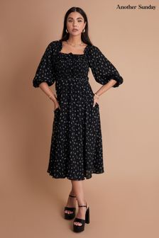 Another Sunday Shirred Bust 3/4 Sleeve Milkmaid Ditsy Print Black Dress