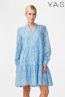 Y.A.S Blue Broderie Long Sleeve Tiered Dress (B93858) | kr974