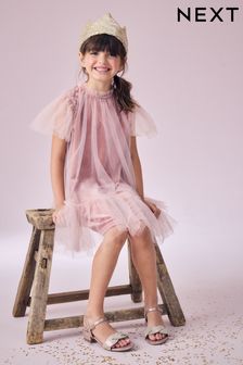 Pink Velour Shimmer Mesh Layered Dress (3-16yrs) (B94058) | SGD 41 - SGD 52