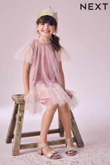 Pink Velour Shimmer Mesh Layered Dress (3-16yrs) (B94058) | $38 - $48