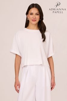 Adrianna Papell Mini Rib Crop Button Back Knit White Top (B94090) | AED216