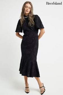 River Island Black Textured Embellished Midi Dress (B94111) | kr779