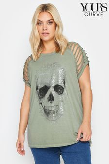 Yours Curve Green Foil Skull Print T-Shirt (B94219) | OMR10