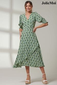 Jolie Moi Green V-Neck High Low Midi Dress (B94267) | $94