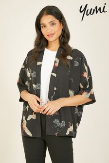 Yumi Black Crane Print Kimono (B94310) | SGD 68