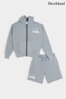 River Island Blue Boys Washed Zip Through Hoodie And Shorts Set (B94606) | KRW64,000