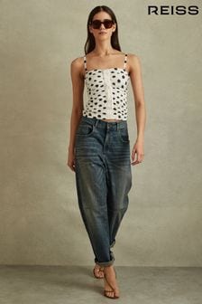 Reiss White/Black Remie Viscose Linen Polka Dot Ruched Strapless Top (B94608) | $262