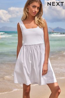 White Square Neck Jersey Cotton Summer Mini Dress (B94610) | $41