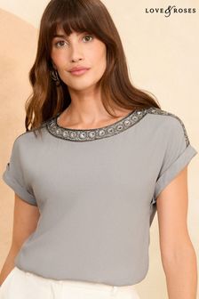 Love & Roses Grey Embellished Roll Sleeve T-Shirt (B94690) | SGD 70