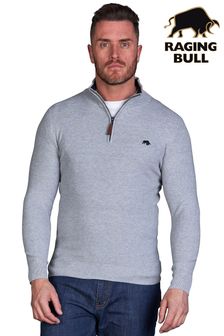 Raging Bull Grey Classic Ribbed Quarter Zip Knit Jumpers