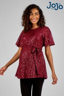 JoJo Maman Bébé Wine Red Sequin Maternity Flutter Sleeve Top (B95389) | KRW89,700