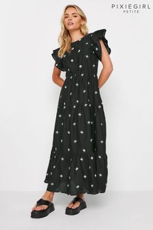 PixieGirl Petite Black Frill Sleeve Embrodiered Maxi Dress (B95479) | AED277