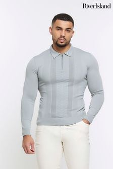 River Island Grey Muscle Fit Long Sleeve Texture Polo Knit T-Shirt (B95667) | €46