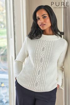 Pure Collection Hoch geschlossener Pullover aus Baumwolle mit Zopfmuster, Weiß (B95718) | 154 €