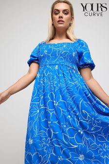 藍色 - Yours Curve Ditsy Floral Print Shirred Midaxi Dress (B95754) | NT$1,590