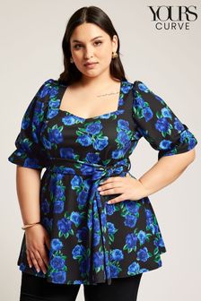 Yours Curve Black Floral Puff Sleeve Peplum Top (B95885) | €56