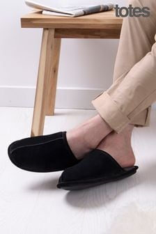 Totes Black Mens Isotoner Real Suede Mules Slippers (B96041) | €55
