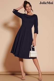 Granatowy - Jolie Moi sukienka midi z rękawem 3/4 i wywiniętym dekoltem (B96185) | 490 zł